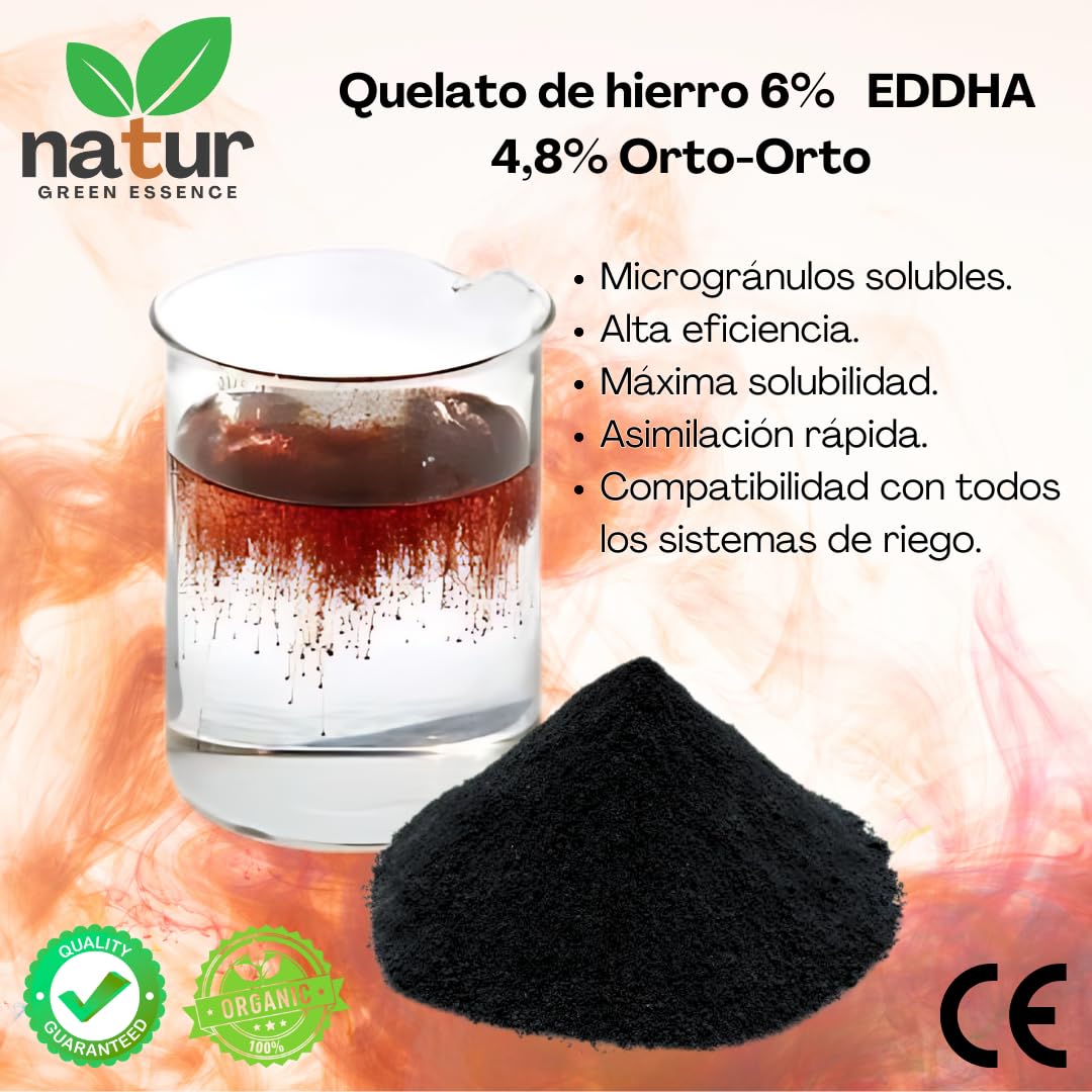 Natur, QUELATO DE HIERRO EDDHA para plantas, Reverdeciente Anticlorosis, Nutriente imprescindible, Fertilizante ecológico, Concentración ideal (6% Fe EDDHA o,o 4,8%), Plantas Verdes y Sanas, 5 KG