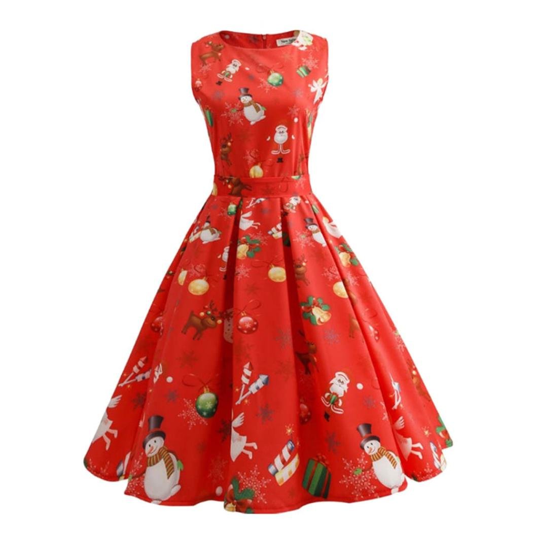 Christmas Dress Women Vintage Sleeveless Christmas Pattern Print Tea Cocktail Skater Flare Dresses with Belt for Ladies (XXL, Red 1)