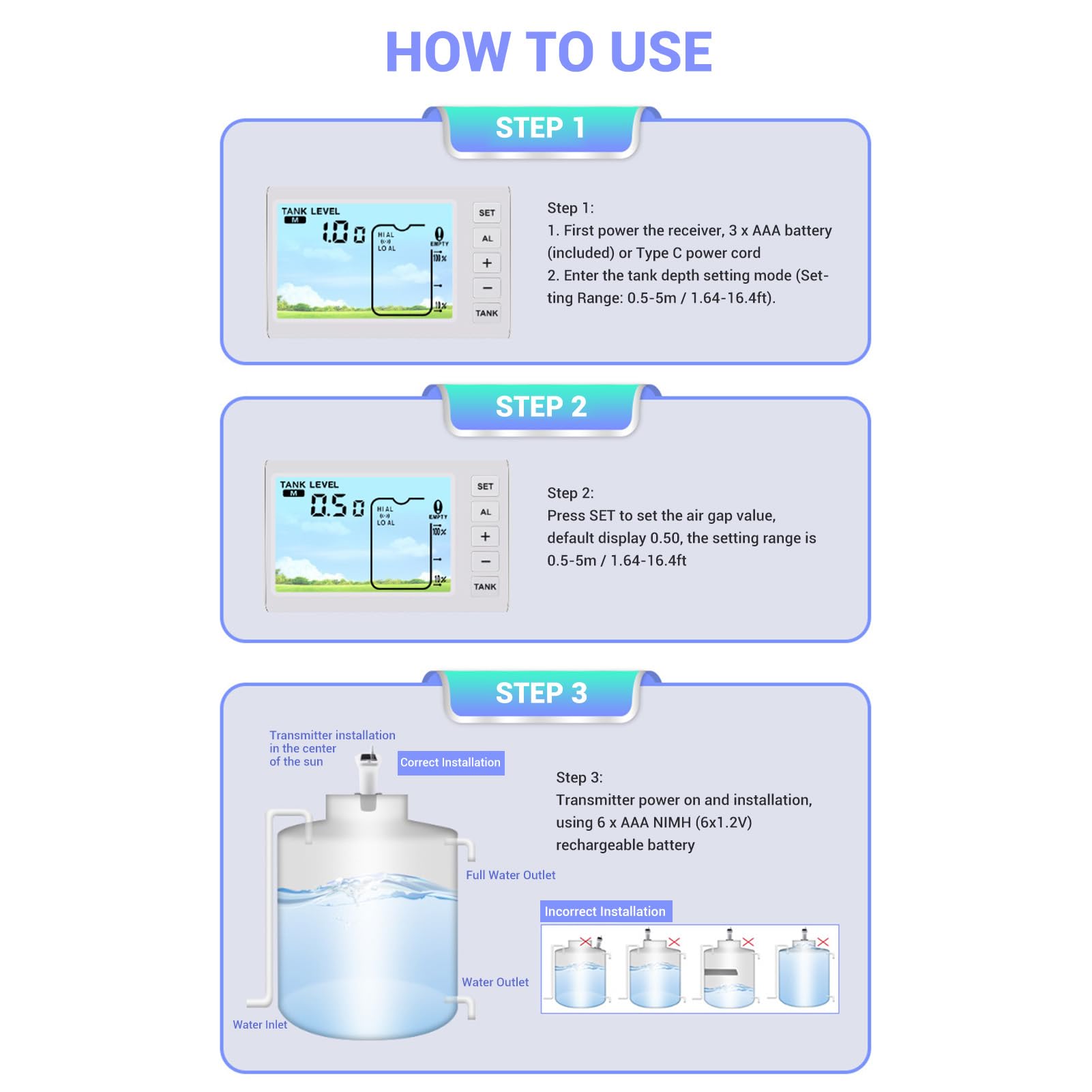 Jeffergarden Sensor de Nivel de Agua Ultrasónico con Pantalla Digital Medidor de Profundidad de Líquido Inalámbrico para el de Monitoreo y Alarma del Depósito de Agua Doméstica