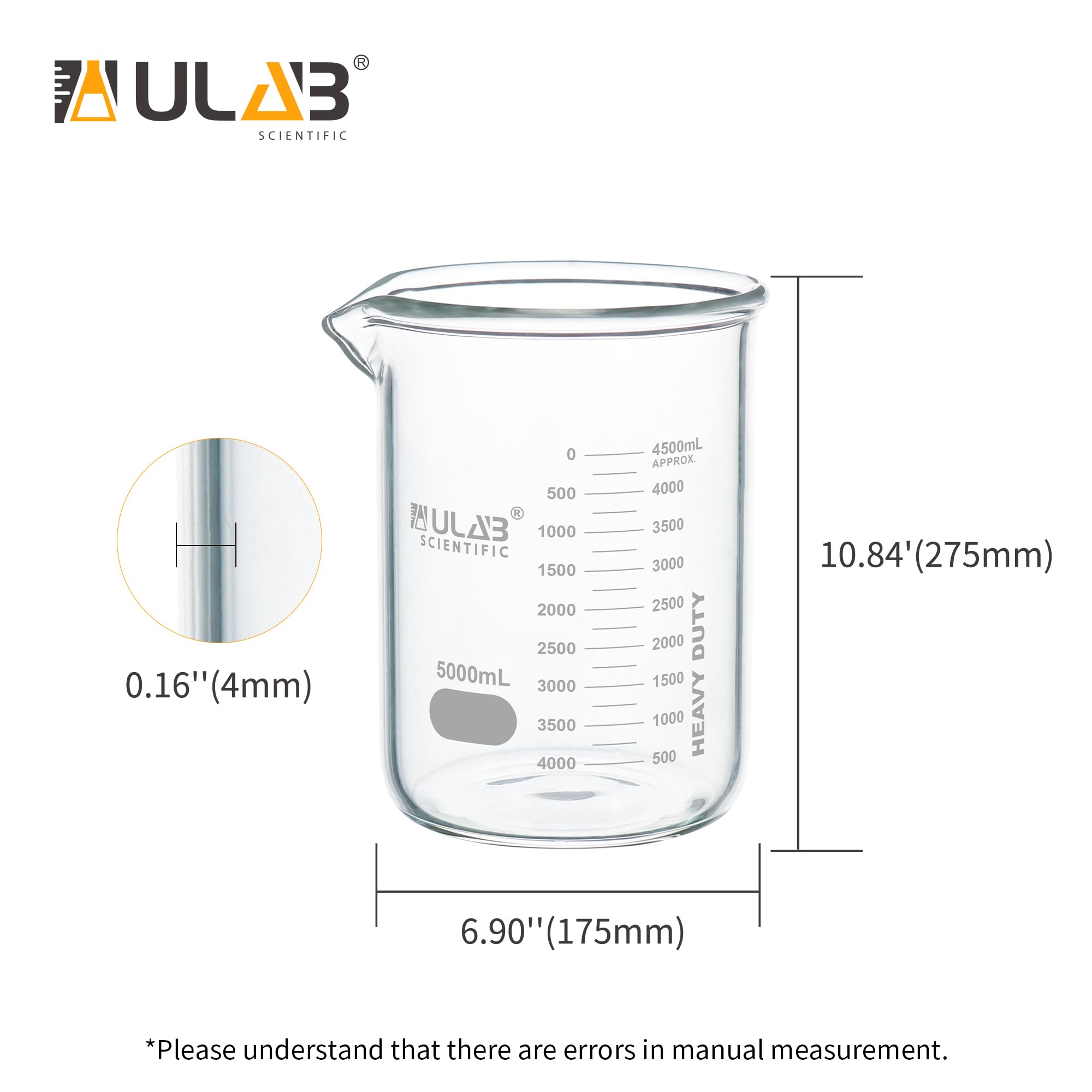 ULAB Bicchiere in vetro a bassa forma, Vol.5000ml, Vetro borosilicato 3.3, graduazione stampata, UBG1024