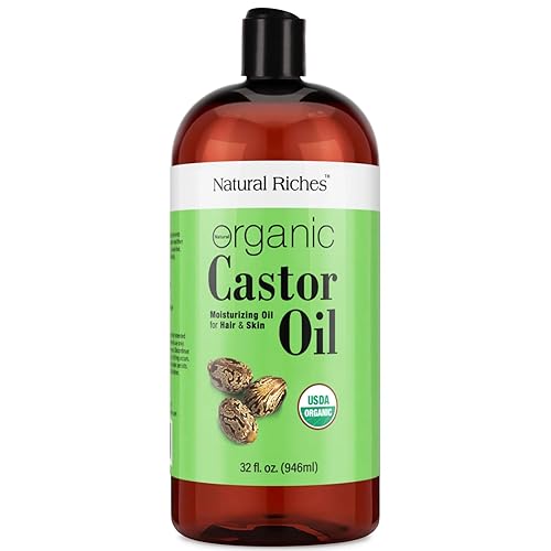 Natural Riches Aceite de ricino orgánico Botella de vidrio prensado en frío certificado por USDA para piel seca pérdida de cabello, caspa y cabello