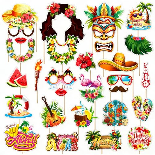 30pcs Luau Party Decorations Photo Booth Props Kit Funny Summer Hawaiian Themed Party Supplies Tropical Photo Booth Props for Pool Beach Party Supplies Adult