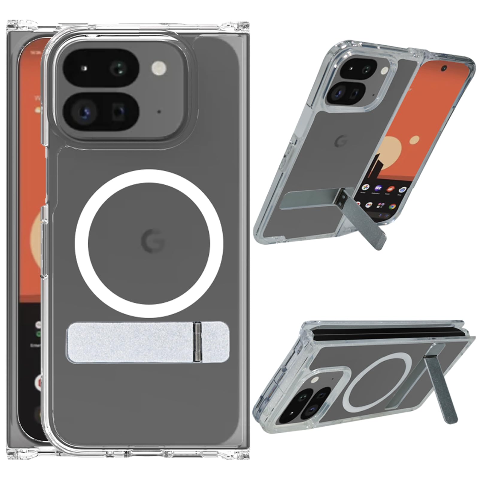 for Google Pixel 9 Pro Fold Magnetic Case Clear Compatible with MagSafe, Built-in 2-Way Kickstand [Horizontal & Vertical Stand] Magnetic Crystal Clear Slim Fit Rugged (Upgraded-Clear)