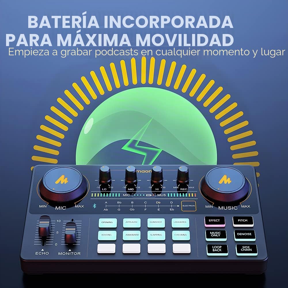 Maono Interfaz Audio con Mesa de Mezclas, Mezclador DJ Maonocaster Todo en Uno Podcast Studio kit con Micrófono de Diafragma Grande de 25 mm para Streaming, Podcast, y Youtube, PC, moviles(AM200-S6)