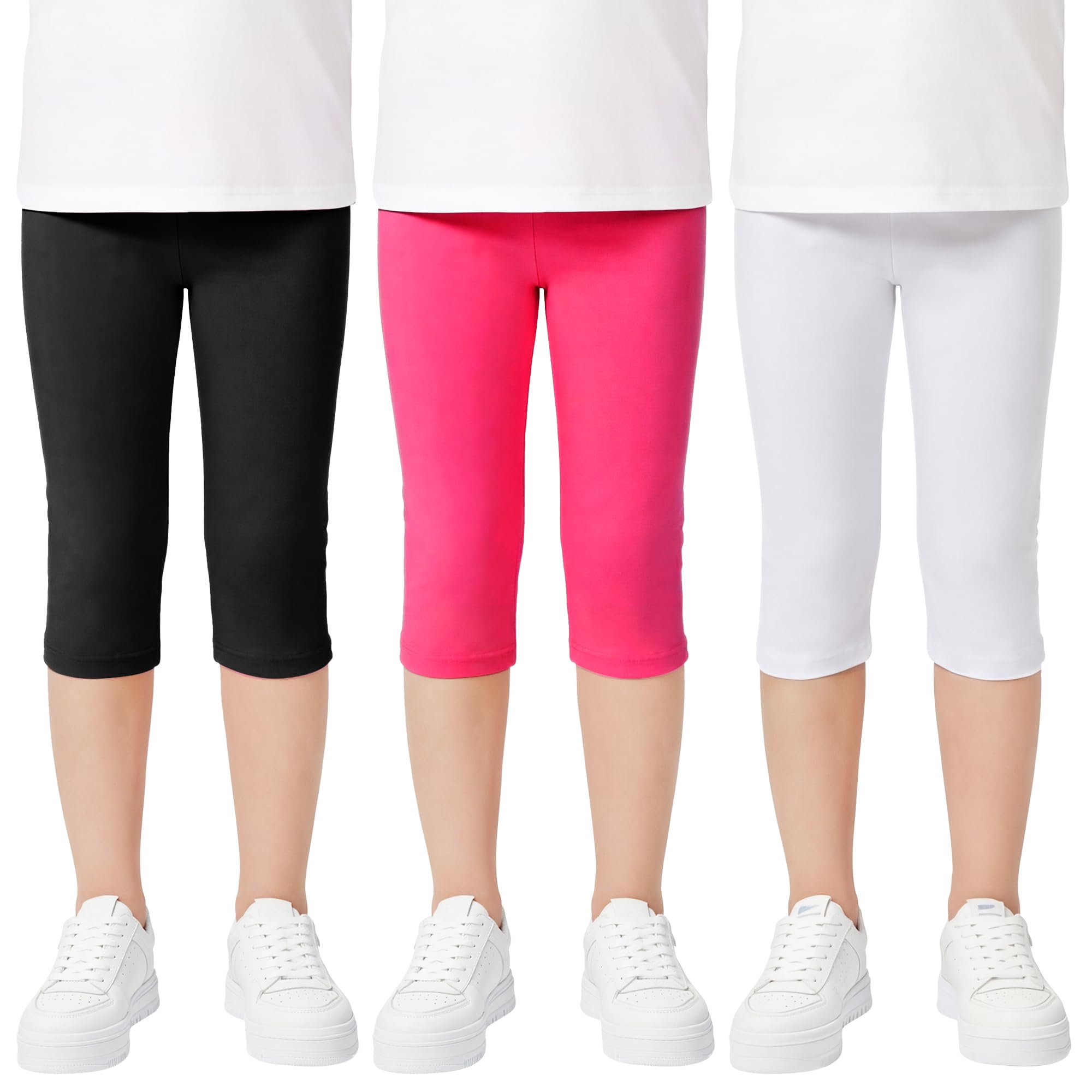 Domueay Niñas Leggings 3/4 Algodón Transpirable Elástica Deportivas Pantalones Cortos Cómodos Leggins, Pack de 3, Color Sólidos Niña Baile Escolar Mallas Infantiles Verano Ropa 6-13 Años — view 7