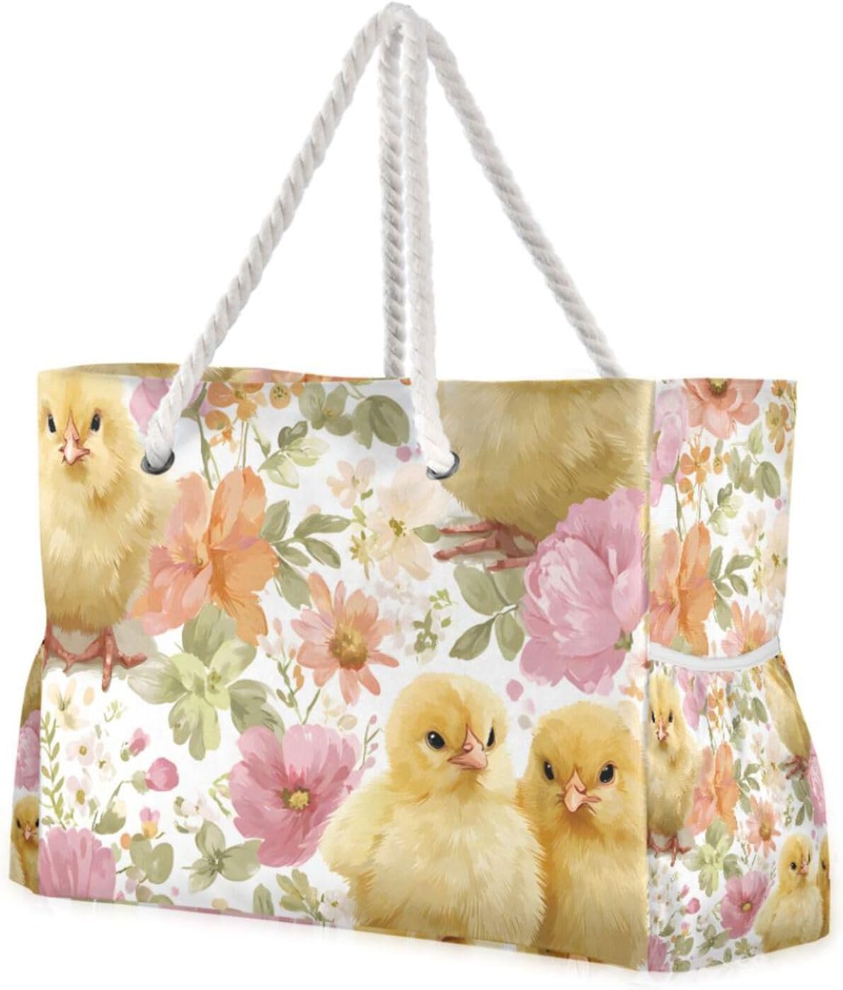 OTVEE Yellow Chick & Floral Pattern Beach Bags for Women Ladies Large Canvas Tote Shoulder Bag Waterproof Travel Bags for Gym Swim Pool Camping