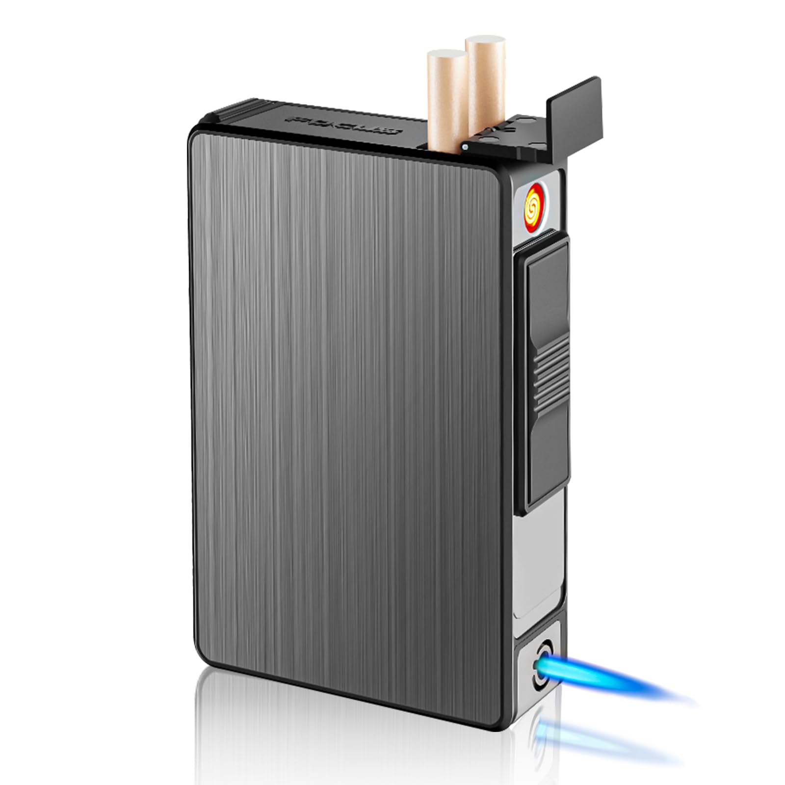 Wiyety Black Cigarette Case With Lighter: Removable Aluminium Cigarette Box, Windproof Lighter, Gas Lighter, Windproof Lighter, Can Hold 20 Barrels, Usb Charging (Sold Without Gas)