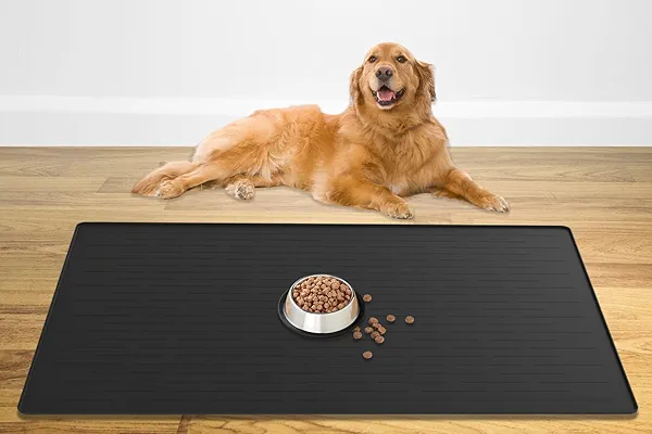48" x 32" XXXL Largest Pet Food Mat, Silicone Dog Mats for Food and Water, Nonslip Pet Feeding Mats for Floors,Dog Cat Bowl Mat with Raised Edges, Black
