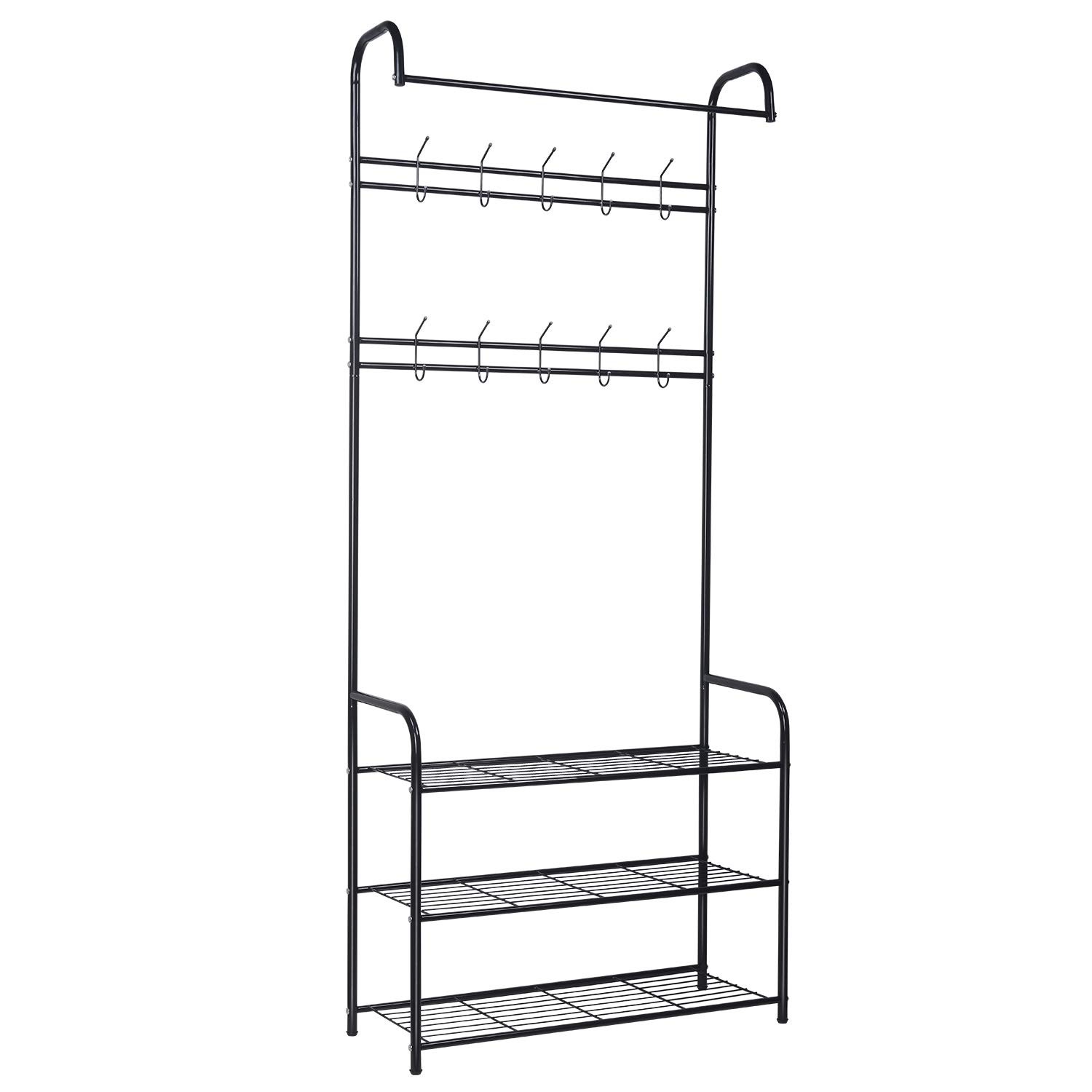 LENTIA Entryway Coat Rack Hall Tree Shoe Bench 3 in 1 Design Metal