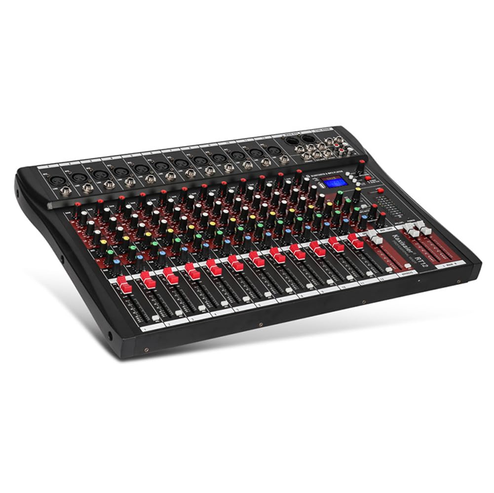 Professional Audio Mixer, 12 Channel Bluetooth USB Live Studio DJ Mixer Board with MP3 Player U Disk 48V Phantom Power Source XLR Outputs for PC