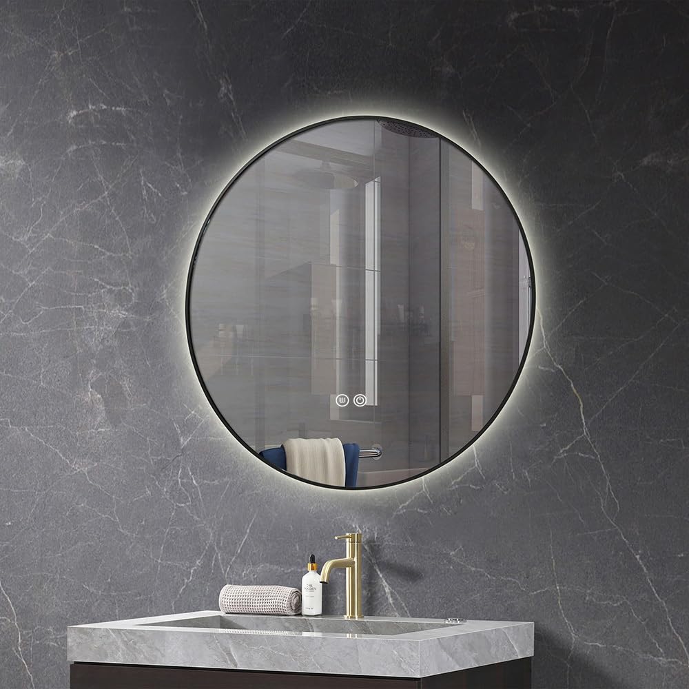 Miroir Salle de Bain LED Rond 90cm Anti buée avec Cadre Noir LB-4647BA -LuxuryBain