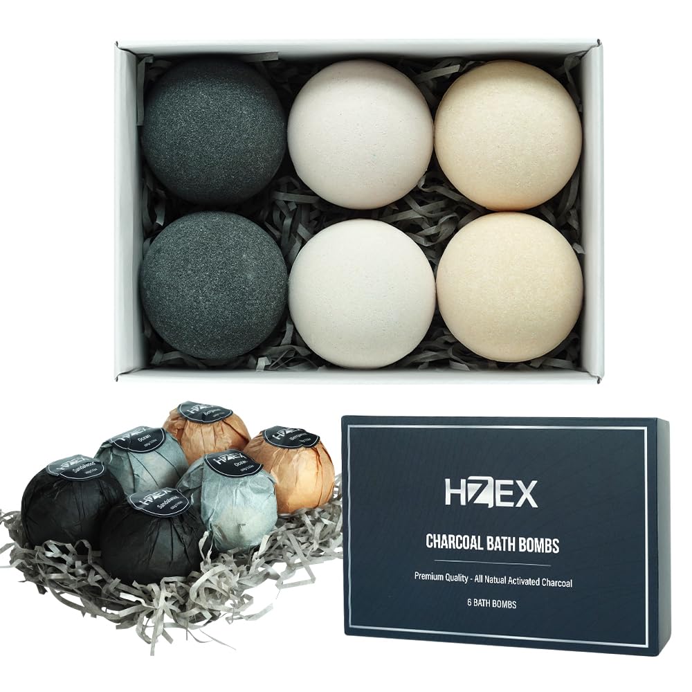 Bath Bombs, HZEX 6 Large Natural Luxury Charcoal Bathbomb Fizzes for Men Women, Organic Bath Bomb with Essential Oils and Shea Butter, Stress Relief and Relaxation, Detox with Charcoal Bathbombs