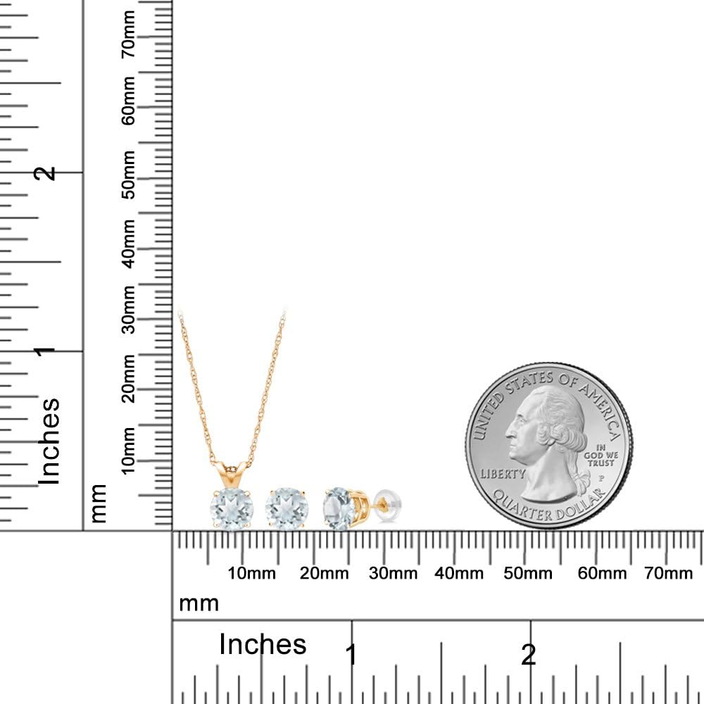 Gem Stone King 14K Yellow Gold Sky Blue Aquamarine Pendant Earrings Jewelry Set For Women | 1.20 Cttw | Gemstone March Birthstone | Round 5MM | with 18 Inch Chain - Image 3