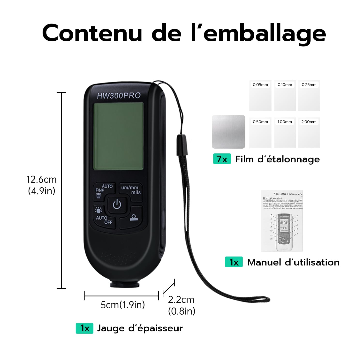 Testeur numérique d'épaisseur de couche de peinture pour voiture avec corde portable, 0-2000 autour de l'épaisseur de peinture, jauge d'épaisseur de peinture de voiture pour acheteurs de