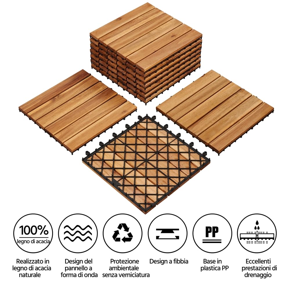 Yaheetech Piastrelle per Esterno 30 X 30 cm per Pavimento da Giardino in Legno di Acacia Impermeabili per Patio Terrazza Balcone Piscina Facili da Posare 27 Pezzi