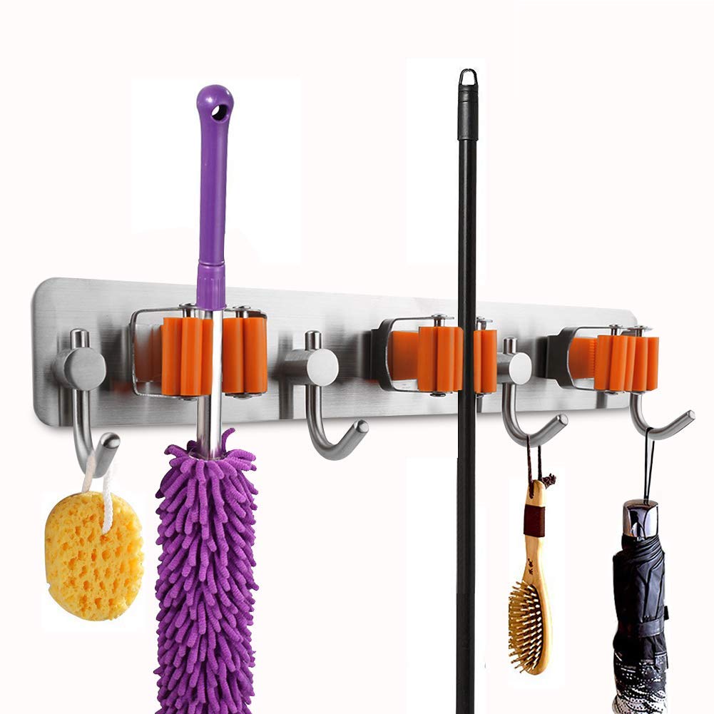 WINZSC Mop Broom Holde,3M Self Adhesive Wall Mounted Stainless Steel Mop and Broom Holder Organizer Rack, Garage Storage Broom Hook for Kitchen Garden and Garage, Laundry Offices,(3 Position 4 Hooks)