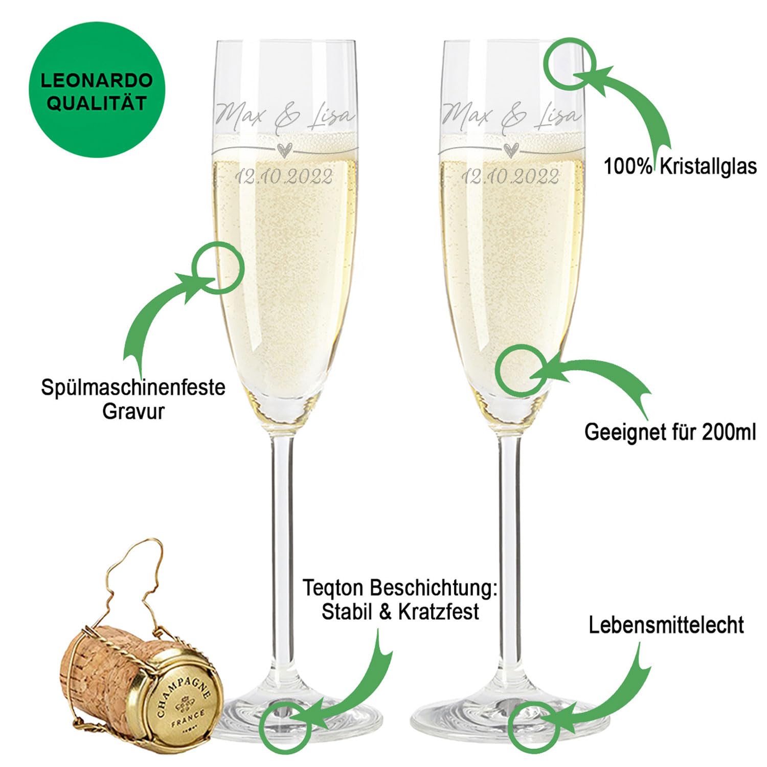GRAVURZEILE Leonardo Sektgläser mit Gravur - Wedding Love Design - Personalisiert mit Namen & Datum inkl. Holzkiste - Geschenk zur Hochzeit, Verlobung oder Jahrestag - Farbe: Sekt Kiste UV