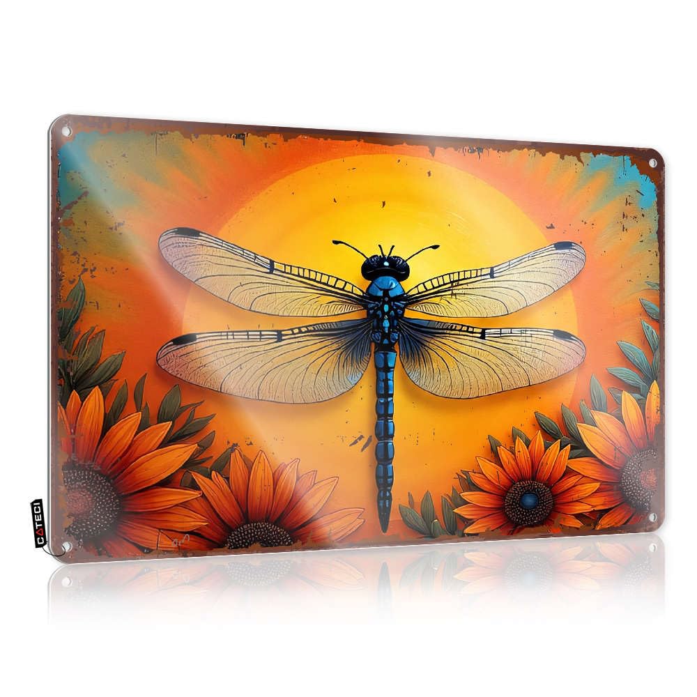 Wall Art Cottage Holiday Custom A Vibrant Dragonfly Perches Amidst Sunflowers Against A Radiant Sunset Backdrop. - Vintage Wall Decor For Terrace(20X30CM)