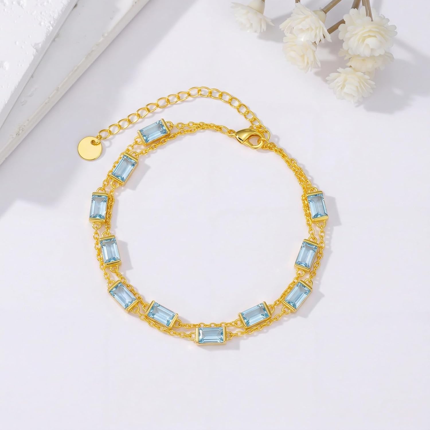 OJK 14K Gold Birthstone Bracelet for Women 14K Gold Layered Charm Link Bracelets Anniversary Birthday Jewelry Gifts for Wife Mom Her