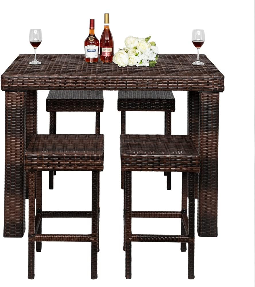 HomVent 5-Piece Outdoor Wicker Bar Table Set, Wicker Bar Dining Set with 4 Rattan Stool, Brown Rattan Table and Stools Patio Bar Furniture for Backyards/Porches/Garden/Poolside (Style 2)