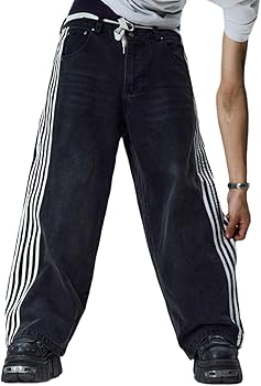 BLESSÜ BU STRIPE BAGGY DENIM PANTS BLACK Streetwear Jeans Hip Hop Striped Baggy Jeans Black Pants Men
