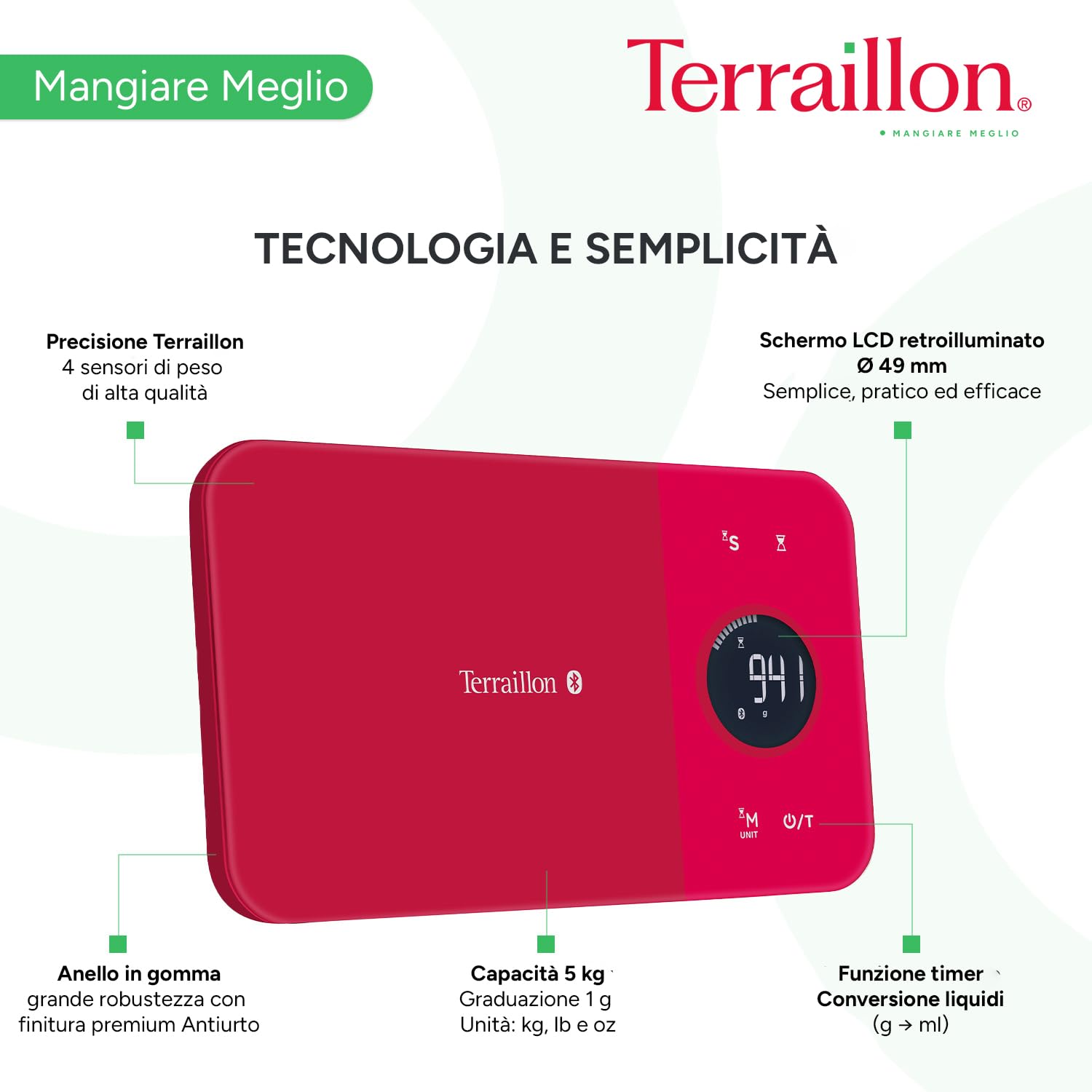 TERRAILLON - NUTRITAB - Bilancia da cucina con connessione Bluetooth, app MyHealth, piatto in vetro, portata 5 kg, precisione 1 g, scansione dei codici a barre, analisi del valore nutrizionale, rosso