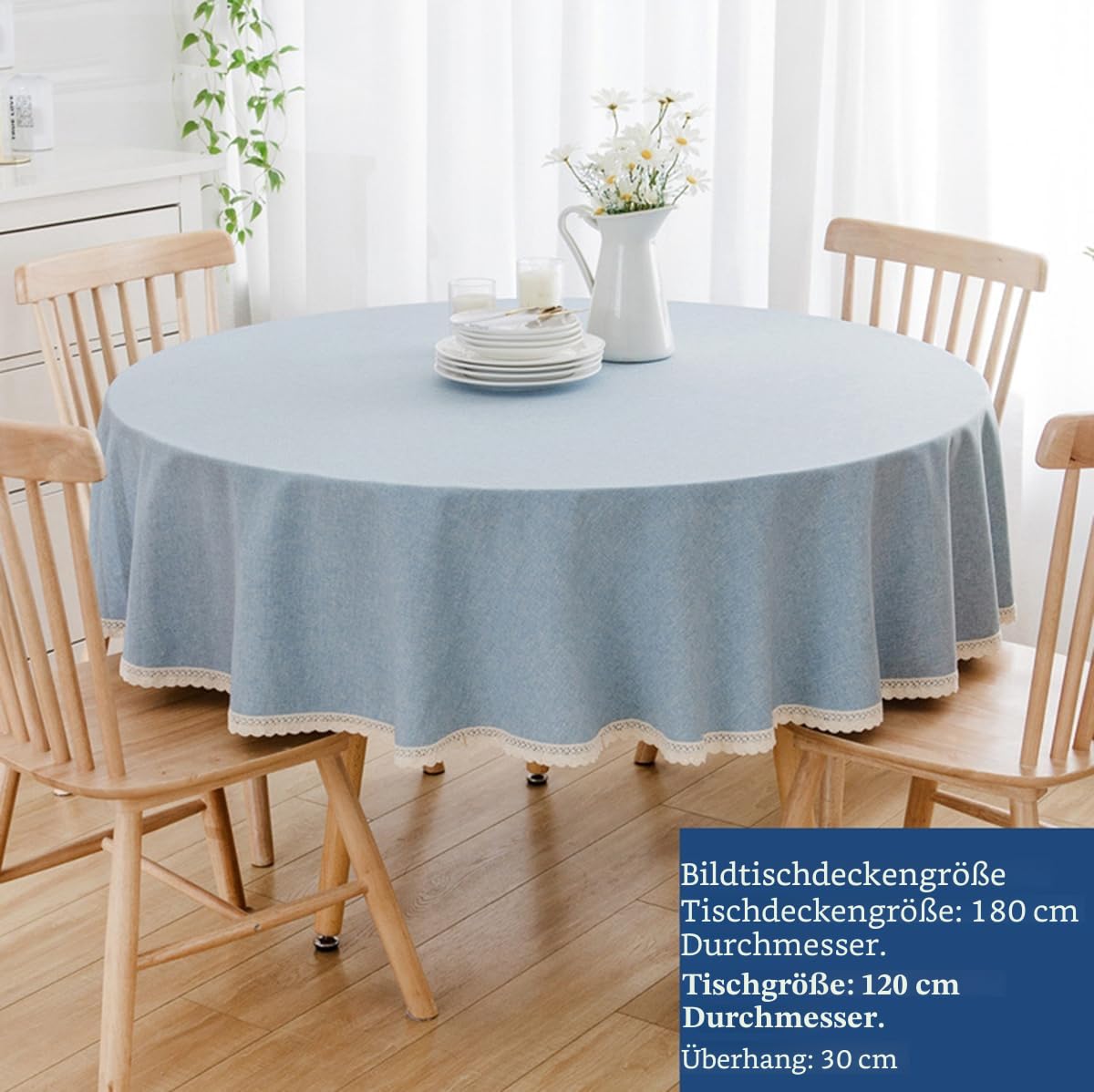 Runde Tischdecke aus Baumwollleinen, geeignet für Esstische, Kaffeetische, maschinenwaschbar, weiß, Durchmesser 180 cm