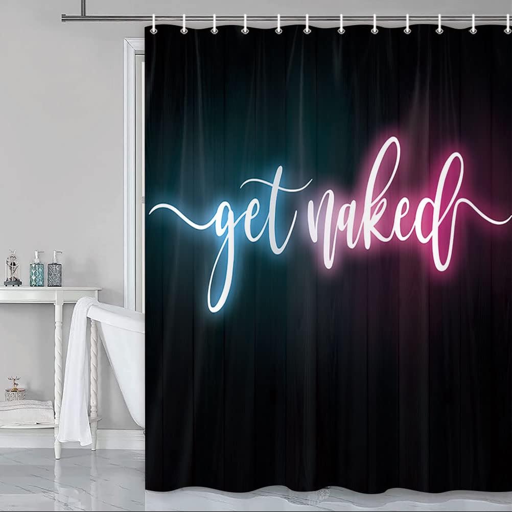 Get Naked Shower Curtain, Purple Pink Writing Neon Sign Perfect get Naked Sign on Black Wooden Board for Bathroom Shower Curtains, Morden Fashion Bathroom Accessories Decor, 69X70IN (69X75)