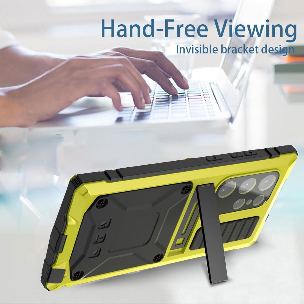 Compatible with Samsung Galaxy S25 Ultra Metal Bumper Case with Stand Screen Protector Camera Cover Hybrid Durable Metallic Military Dust Proof Heavy Duty Full Body Man (Yellow) - Image 5