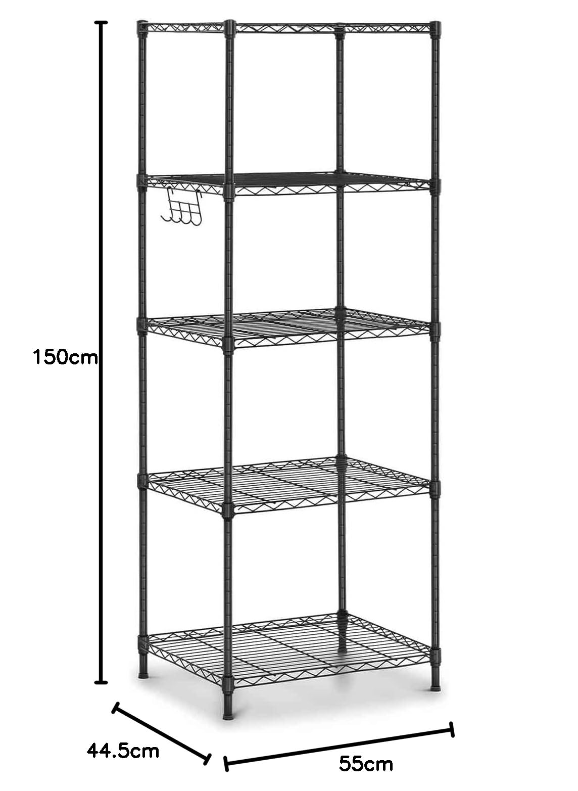 Royal Catering Estantería De Metal Estante Metálico RCMR-1500P19T (55 x 45 x 149,5 cm, Capacidad de carga total: 150 kg, 5 estantes, 4 ganchos, Negro)