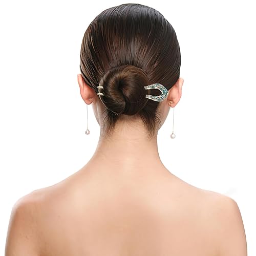 Vista 3 de Lurrose Pin de pelo de doble punta en forma de U de cristal Chignon Horquilla Stick Accesorio de peinado para mujeres niñas (azul)
