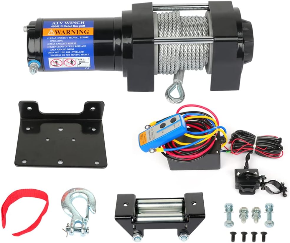 OCPTY Electric Winch 4000 lb Line Pull Capacity 12V DC ATV/UTV Winch with 3/16 in × 49.2 ft Wire Rope Roller Fairlead Wireless & Wired Remote Control for Towing Off Road Trailer