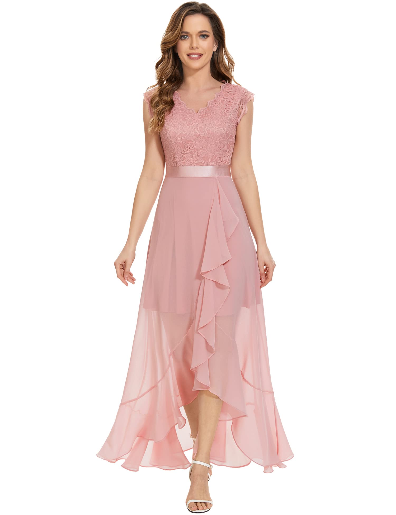 AOCZZ Damen Elegant Abendkleider Hochzeit Brautjungfer Vokuhila Kleider Maxilang Prom Dress Partykleid Blush XXL