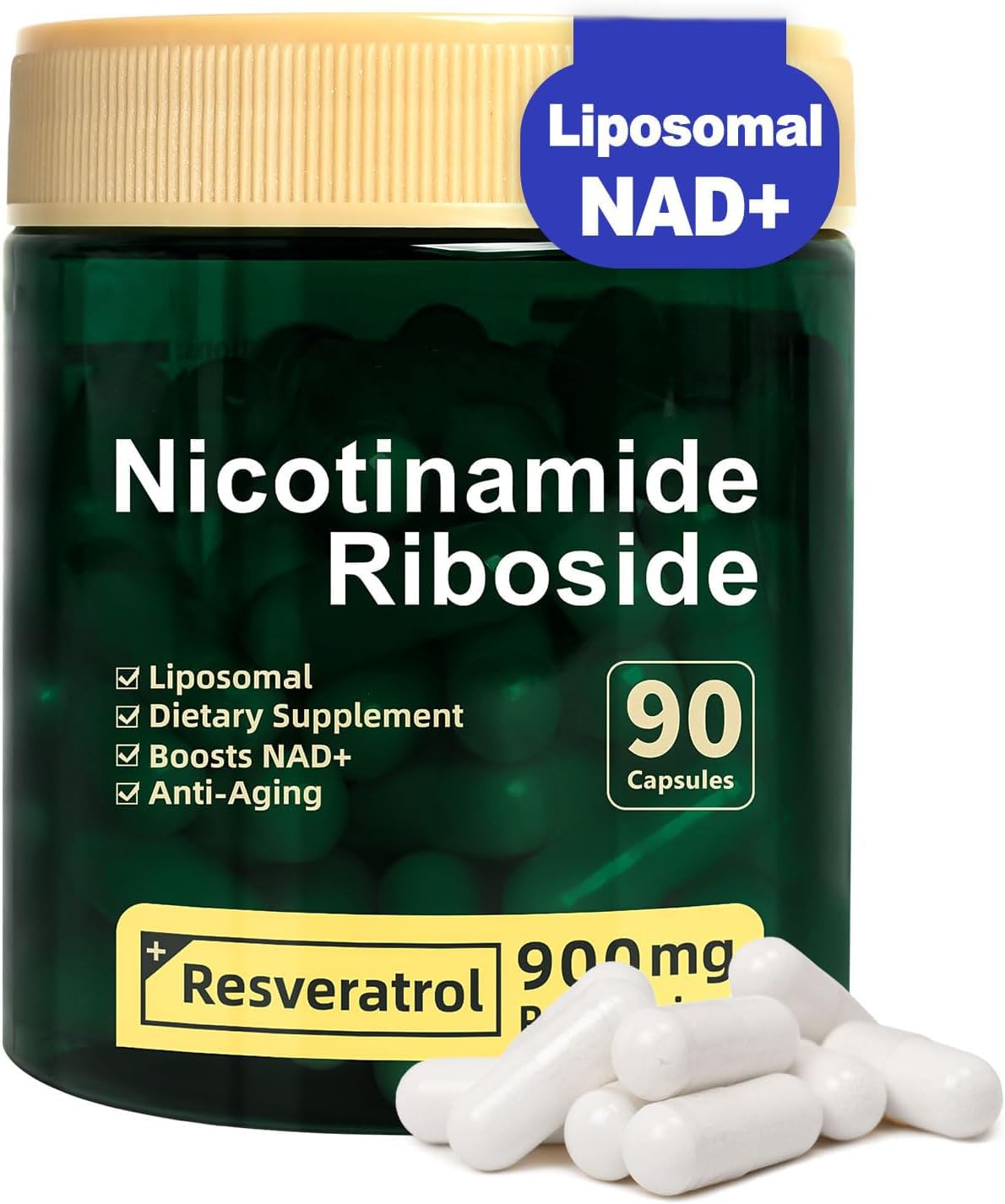 Liposomal NAD+ Supplement, Nicotinamide Riboside with Resveratrol 900mg for Women and Men, High Purity NAD Booster Supplement for Energy & Healthy Aging - 90 Capsules 90 Count (Pack of 1)