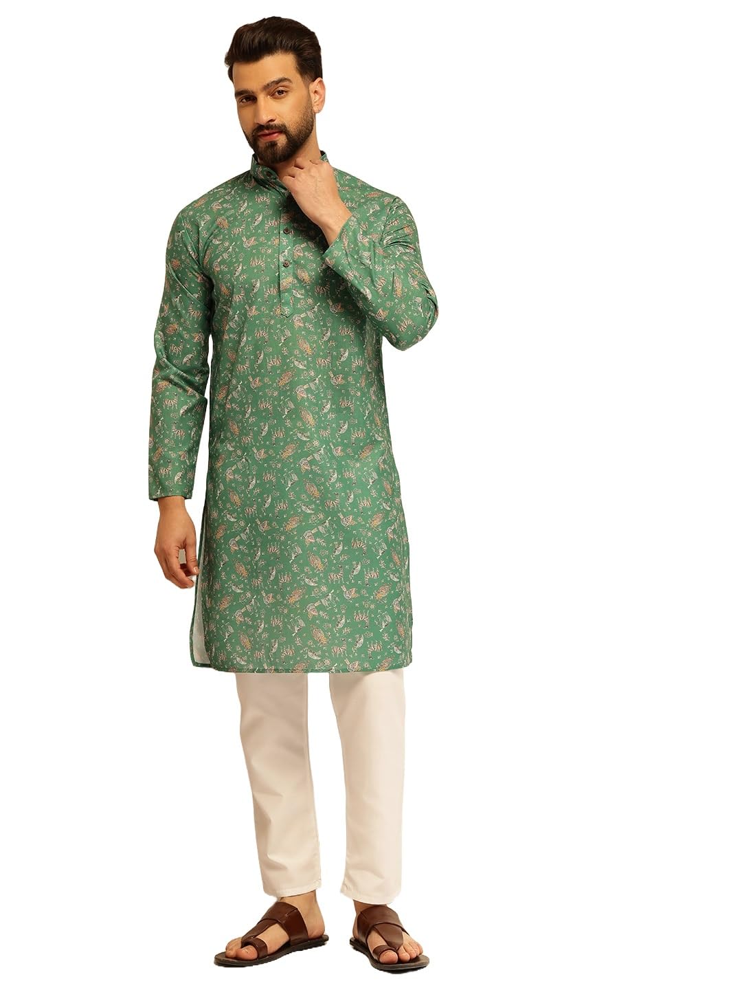 Sojanya (Since 1958 Men's Cotton Blend Printed Green Kurta With White Pyjama