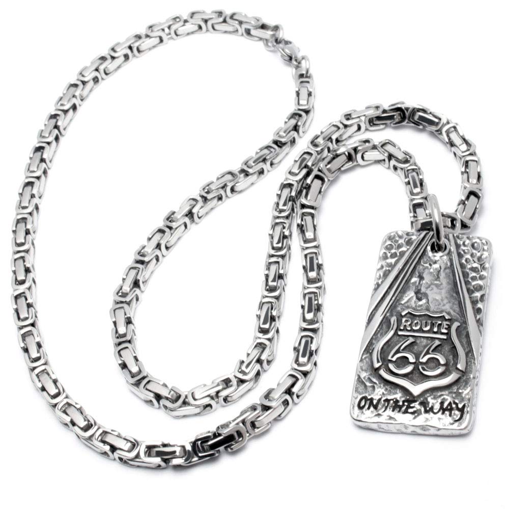 Edelstahl DogTag Route 66 Anhänger On The Way Silber Königskette Bikerschmuck Männerschmuck Geschenk