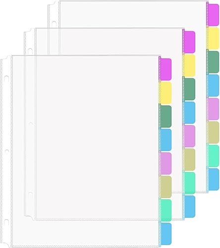 Juego de 24 protectores de hojas transparentes para carpetas de 3 anillas, tamaño carta, 8 pestañas divisores de plástico con bolsillos y pestañas,