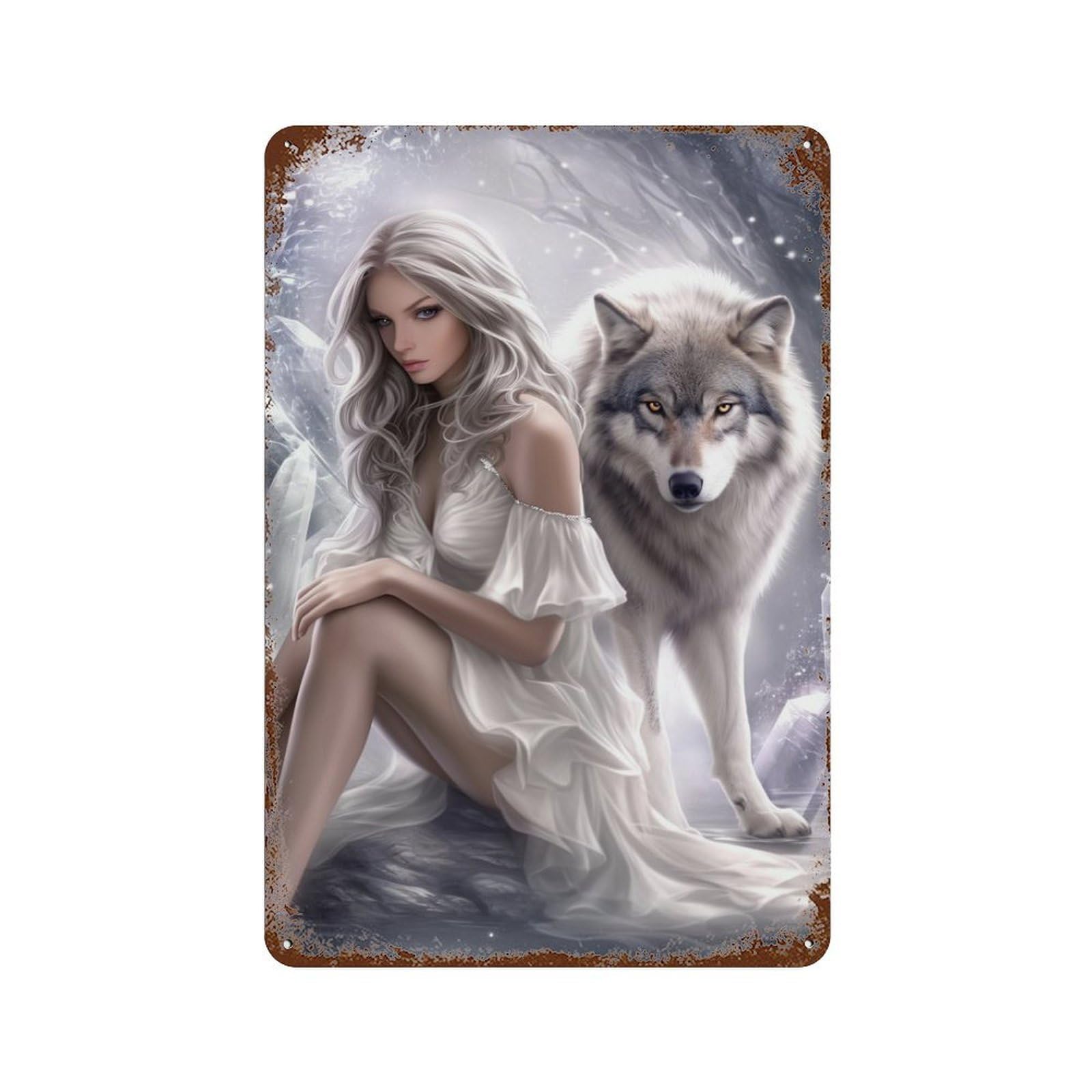 Decorative Tin Sign with White Wolf Fantasy Artwork Design 11.8"x7.9", for Farmhouse, Kitchen And Entryway Decor, Old School Wall Decor