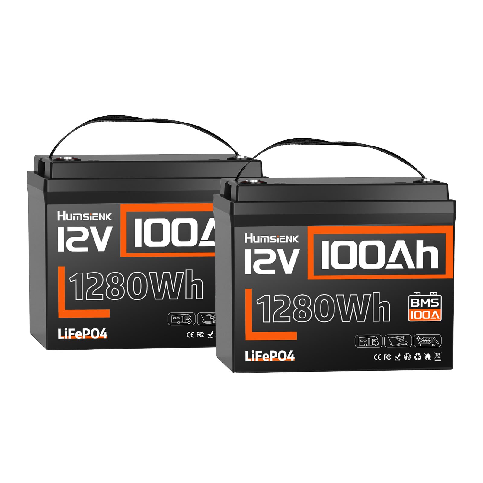12V 100Ah LiFePO4 Battery Lithium, Built In 100A BMS, Group 24 Size 1280Wh Lithium Battery for Marine,15000 Deep Cycles 10 Years Lifespan for RV Solar Energy Off Grid Trolling Motor (2PACK)