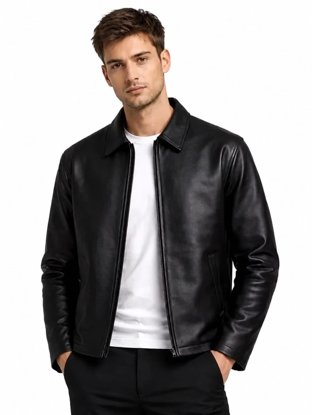 ZYNEX Men's Faux Leather Jacket | Collared Zip-Up, Classic Style | Black crop leather jacket | Racing Sports Regular Bomber Collared Jacket for Men-picture-35