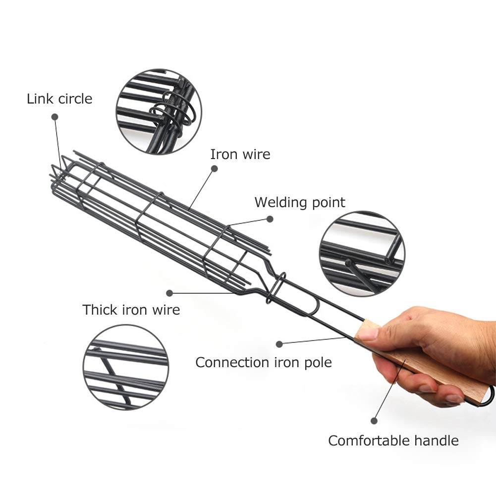2 pièces paniers grille pour barbecue, grille de barbecue avec poignée en bois pour kebab, saucisse, légumes, poissons, crevettes, 49 x 4,7cm