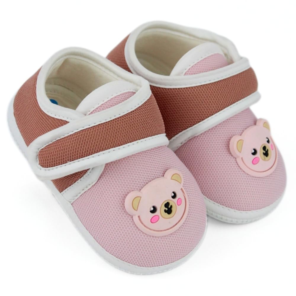 6 To 12 Months Baby Boys & Girls Newborn Soft Cotton Velcro Baby Bear Face Pink & Brown Booties-BT5313-image-1