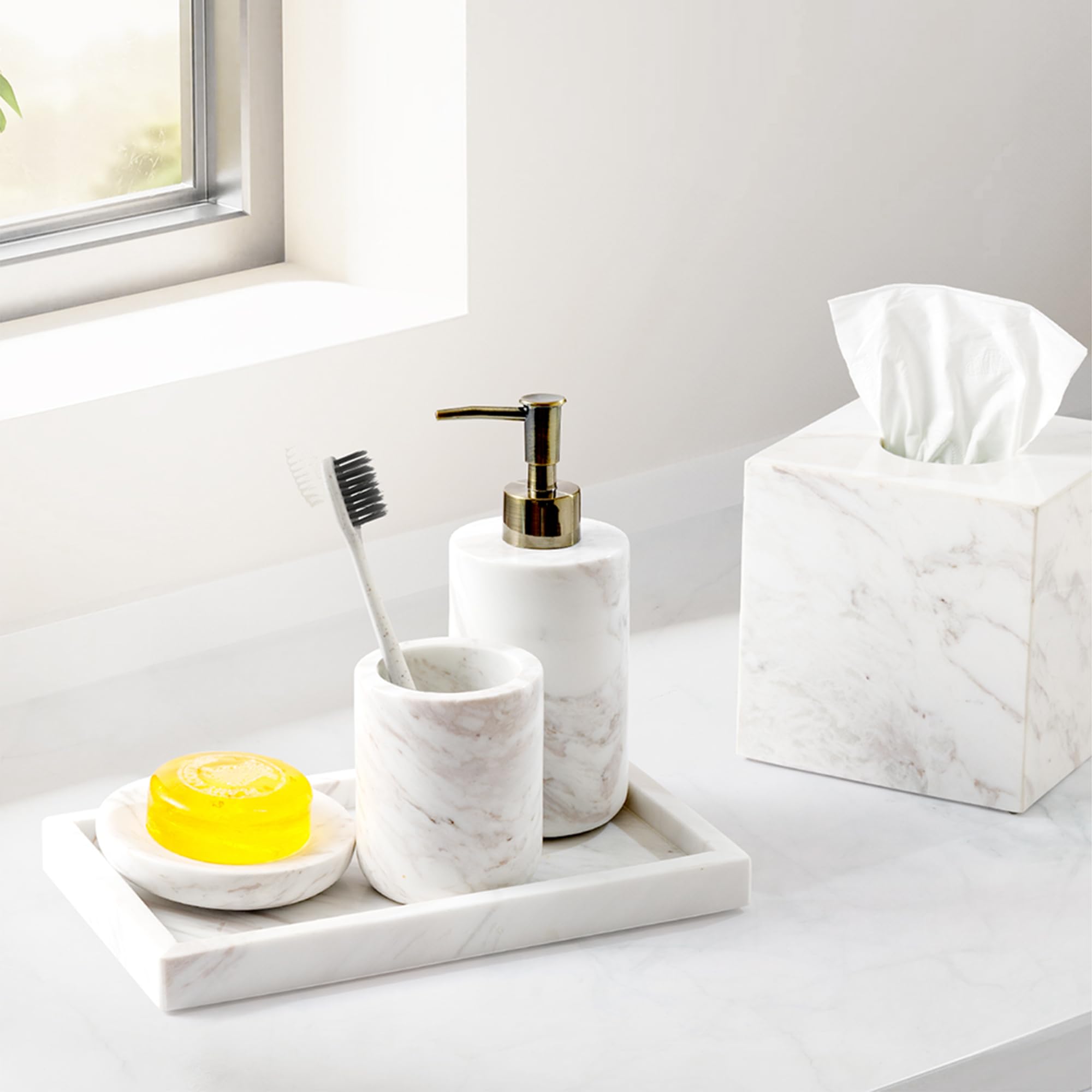 WH054 - Juego de accesorios de baño de mármol natural de Italia, juego de accesorios de baño de 3 piezas con soporte para cepillo de dientes, dispensador de jabón líquido y bandeja de jabonera,