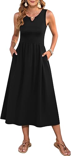 MOLERANI Midi Dresses for Women Summer 2025 Flowy Casual Sleeveless V Neck Tropical Beach Sundress A-line Dress with Pockets,Black,XL
