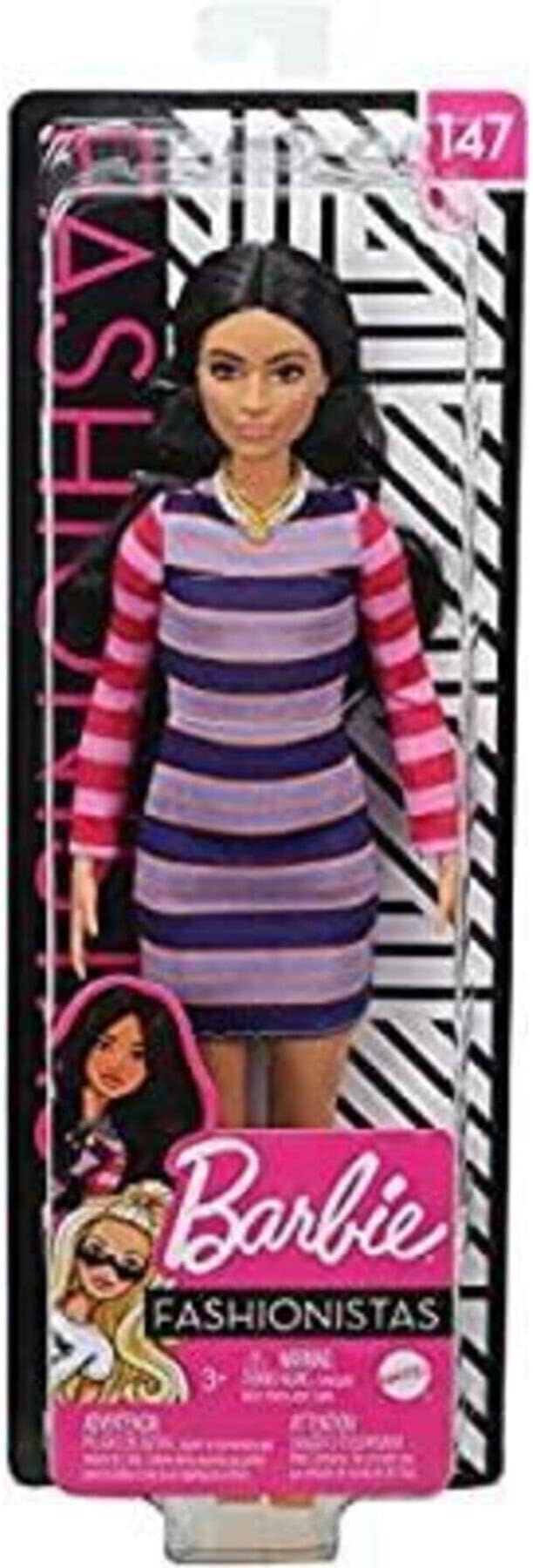 Barbie Fashionistas Doll #147 with Long Brunette Hair & Striped Dress GHW61