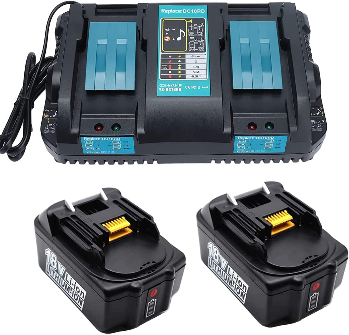 Batteria BL1850B da 18 V 5,0 Ah con caricatore DC18RD per batteria Makita 18 V LXT400 BL1830B BL1840B BL1850B BL1860B; compatibile con DC18RC DC18RA DC18SE DC18SC DC1803 DC1804 utensile