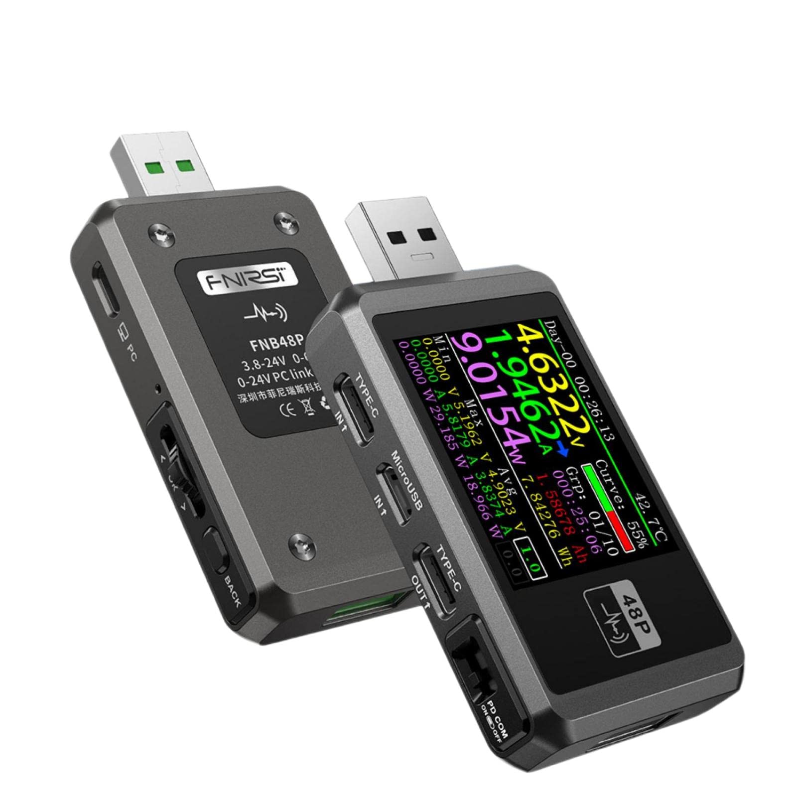USB Tester Messgerät, USB Spannungsprüfer, USB-A/Micro-USB/Type-C Strommessgerät, PD Amperemeter Messgerät Digital Power Meter Farbe Display Spannung Strom Multi-function, Silber ohne Bluetooth