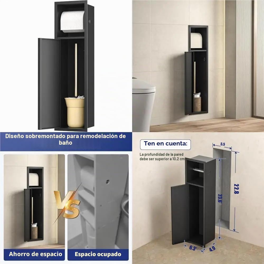 Portarrollo de Papel higiénico Empotrado, para instalación y remodelación de baños, Estante de Pared de Acero Inoxidable 304, Color Negro Mate