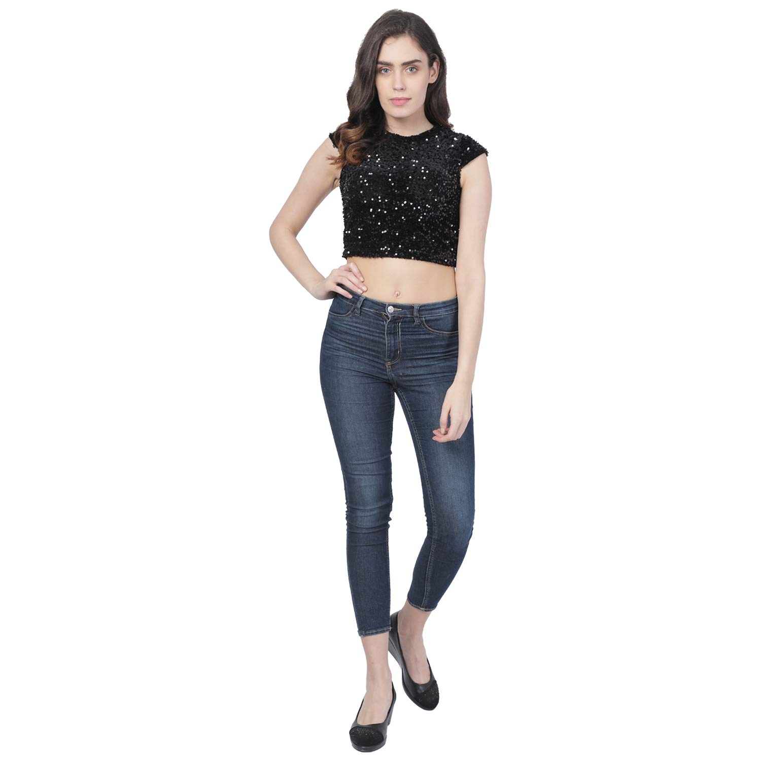 Matelco Women's Embellished Sequins Bustier Top/Crop Top with Back Zip (X-Small, Black) - Image 5 thumbnail