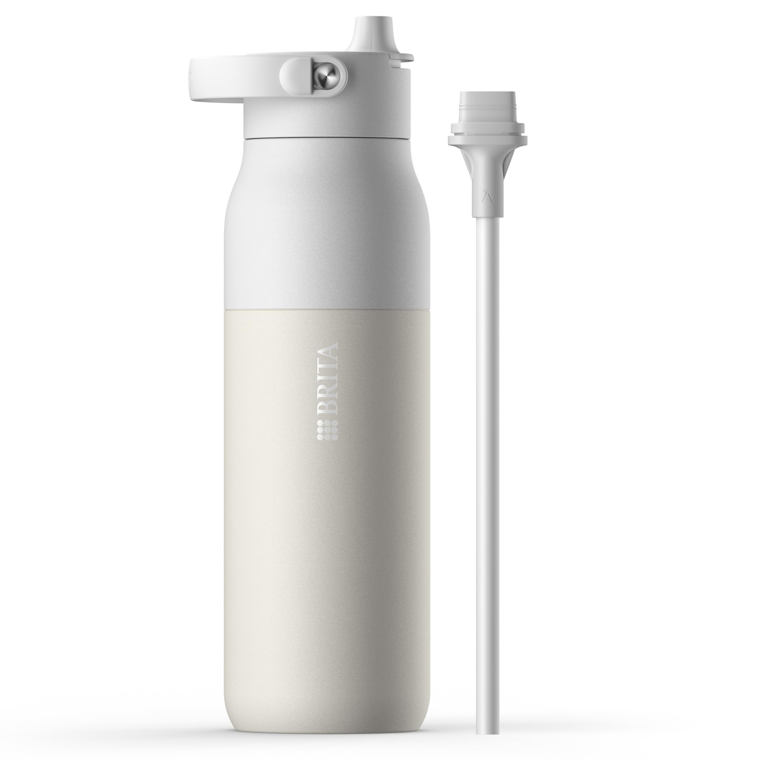 BRITA LARQ Essential botella con pajita Blanco 1000 ml. Botella de agua de acero inoxidable, con aislamiento de doble pared (hasta 24 h de frío), asa soft‑touch extraíble y apta para lavavajillas